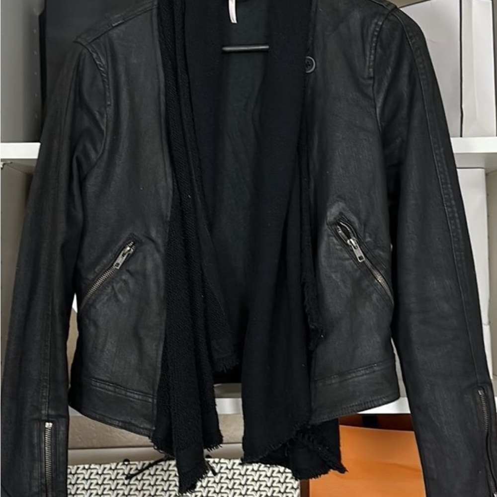 Free People Black Leather Coated Denim Jacket Unuque.🖤